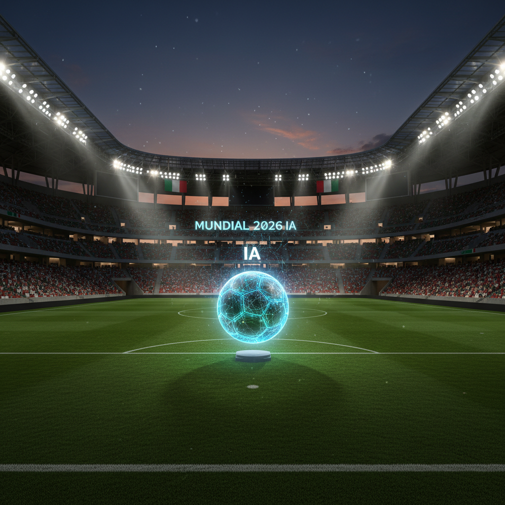 Estadio con graderías llenas durante un encuentro del mundial 2026 y el balón en juego